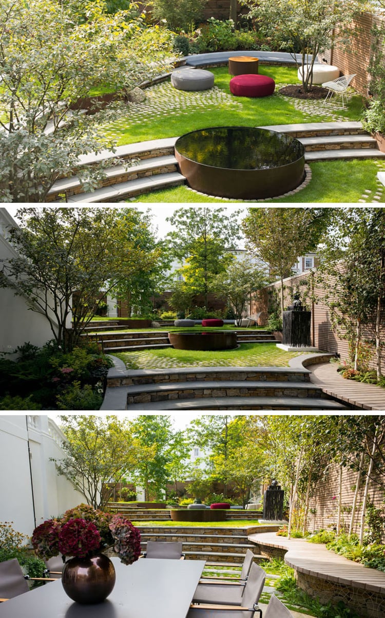 jardin sur plusieurs niveaux -bassin-jardin-rond-banc-bois
