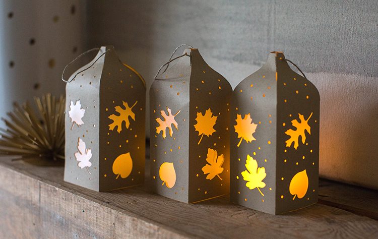 lanterne en papier -kraft-marron-motifs-feuilles-découpées