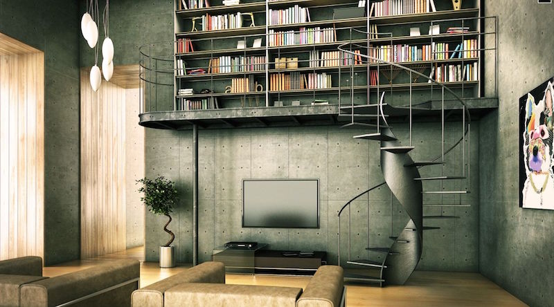 loft-industriel-design avec meuble bibliothèque en mezzanine-escalier-colimaçon