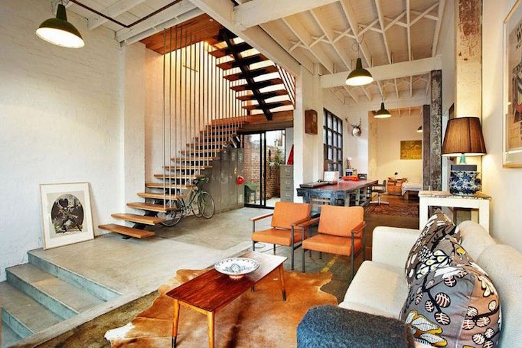loft-industriel-style-new-yorkais-escalier-demi-tournant-bois-métal-Melbourne