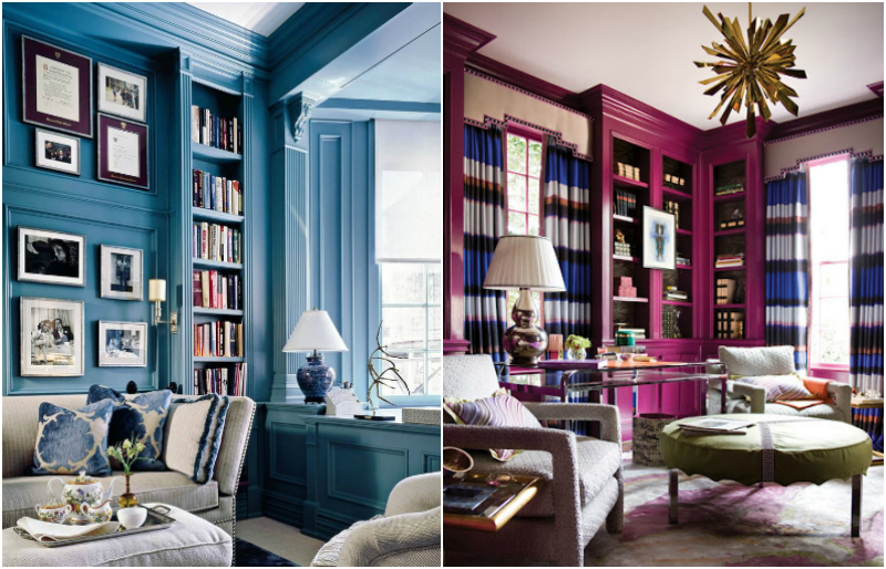 meuble bibliothèque colonne-bleue-vitrine-fuchsia-salon-chic