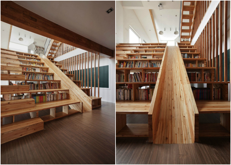 meuble-bibliothèque-sous-escalier-toboggan-bois-massif-naturel