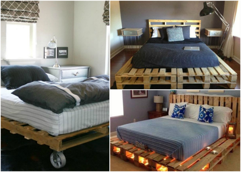 idées de lits en palette de bois pour la chambre-adulte-lit-roulettes-éclairage