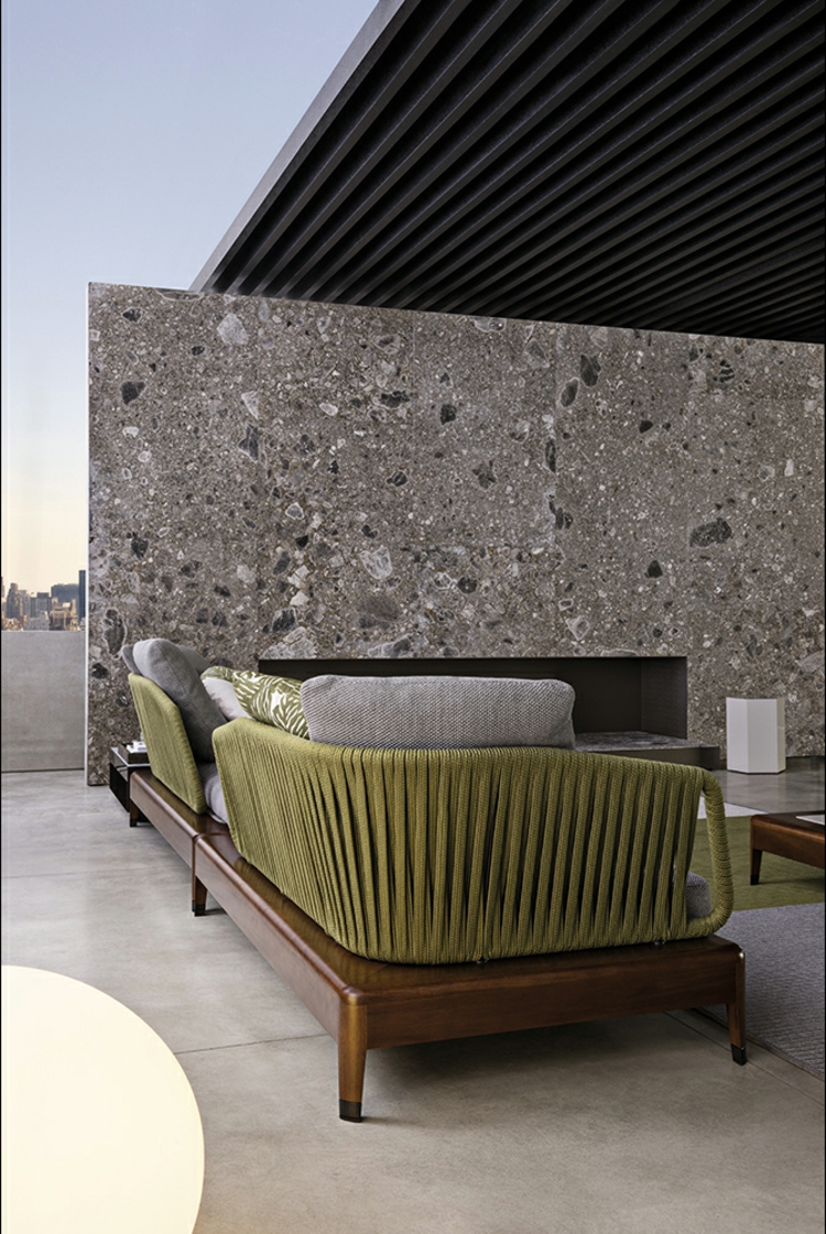 mobilier lounge -extérieur-méridienne-bois-iroko-tapisserie-grise