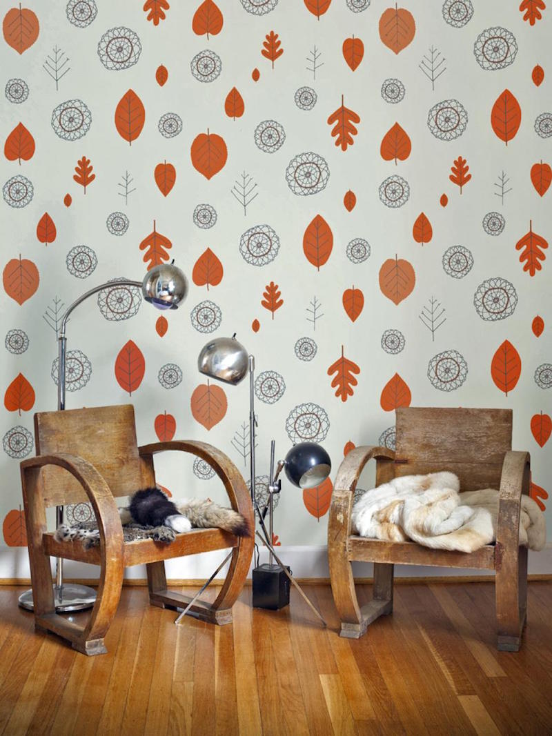 papier peint vintage motif-feuilles-stylisées-orange-Juju-Papers-années-70