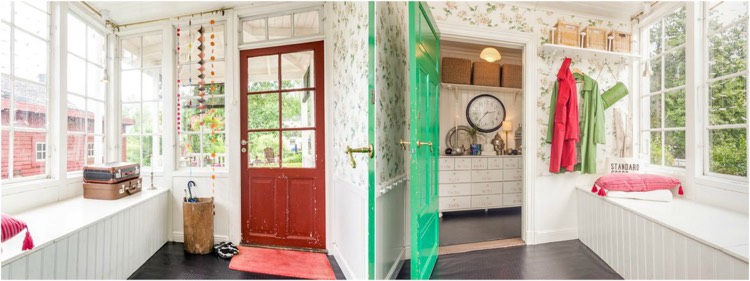 aménagement entrée maison -coin-détente-cosy-papier-peint-vintage-étagère-murale-paniers-rangement