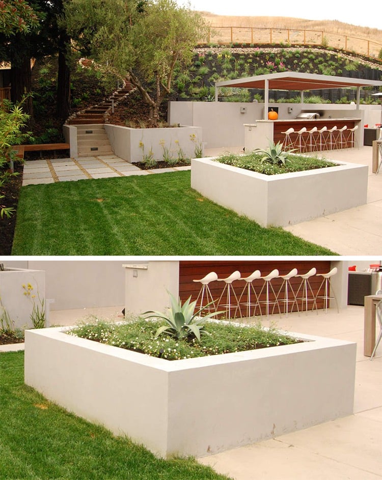 bac a fleurs en beton -blanc-délimiter-jardin-cuisine-extérieure