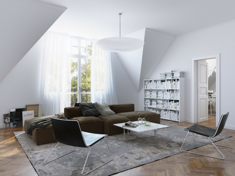 canapé marron -modulable-tapis-gris-peinture-murale-blanche-meuble-bibliothèque-blanc
