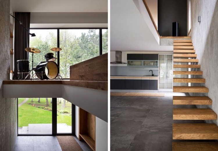 Carrelage effet béton ciré et plancher en bois dans une aire ouverte Escalier Carrelage désign
