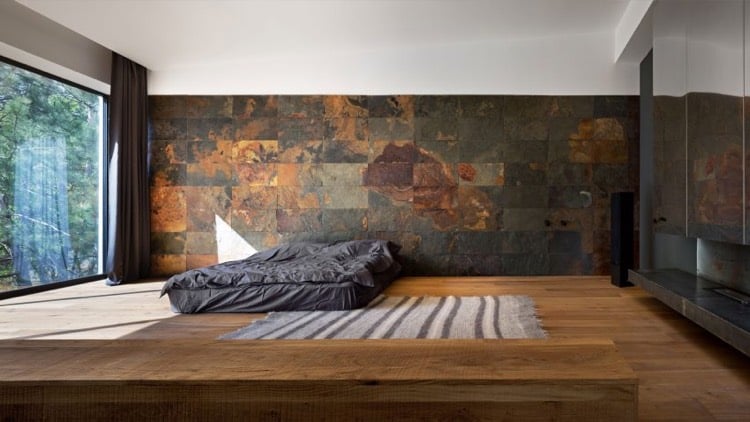 carrelage pierre -plancher-bois-massif-chambre-coucher-moderne