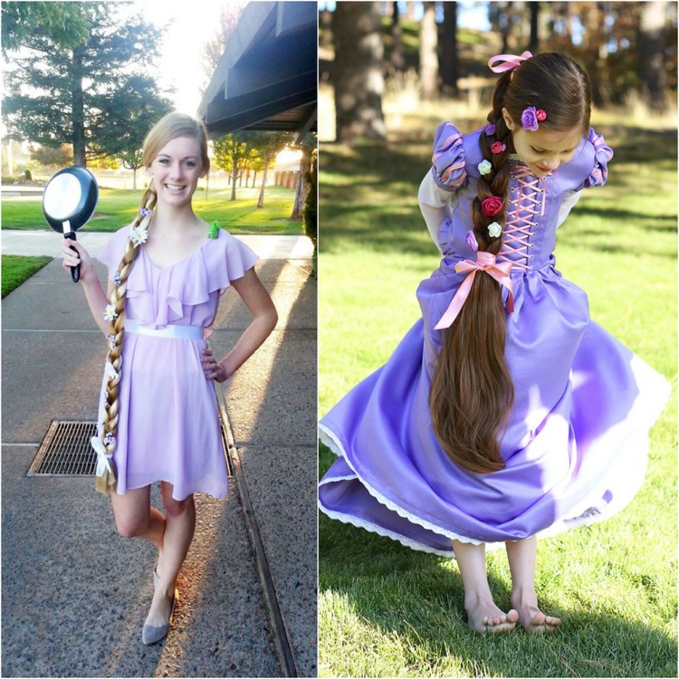 costume d’Halloween -fille-princesse-raiponce-robe-mauve-tresse-longue