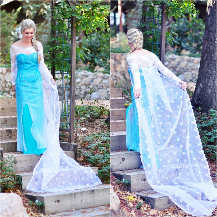 costume d’Halloween -princesse-Elsa-reine-des-neiges-robe-turquoise-coiffure-tresse