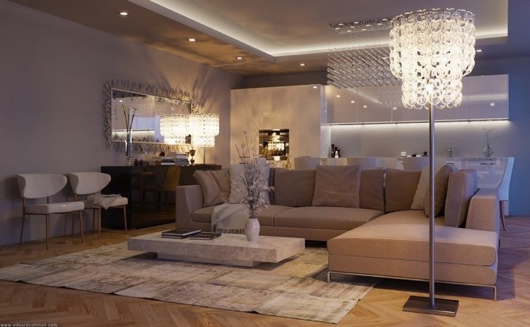 deco salon contemporain -canapé-angle-marron-lampadaire-moderne-table-basse-marbre