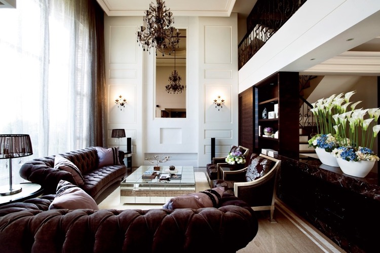 deco salon contemporain -canapé-chesterfield-marron-déco-marbre-marron