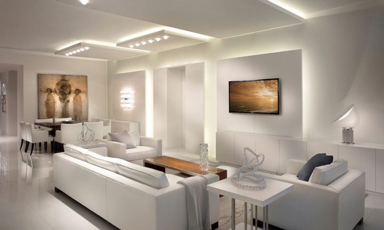 deco salon contemporain -minimaliste-blanc-éclairage-indirect-meuble-rangement-blanc