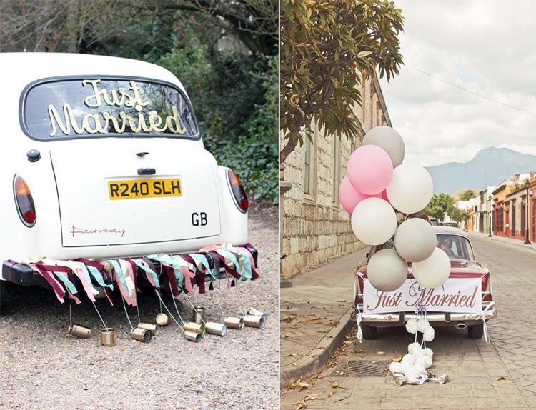 decoration voiture mariage -boîtes-conserve-guirlande-frangée-ballons