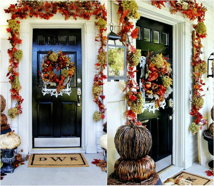 déco Halloween maison -porte-entrée-couronne-feuilles-automne-fleurs-séchées