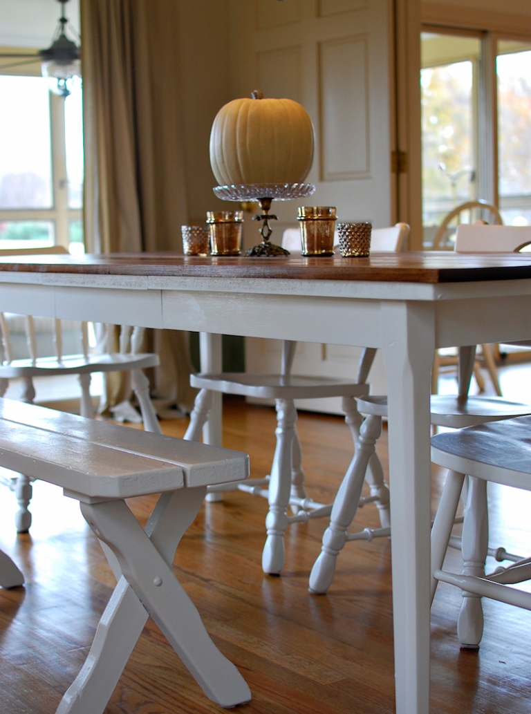 déco table d'automne simple-élégante-centre-table-citrouille-bancs