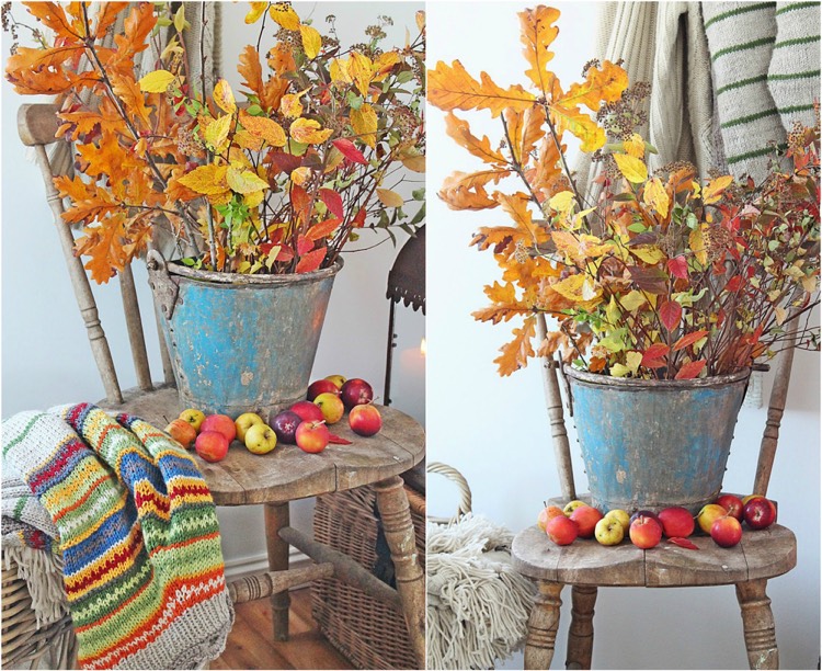 décoration automne -compositions-feuilles-automne-seau-métallique-pommes