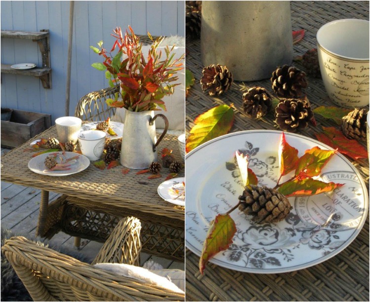 décoration automne -déco-pommes-pin-bouquet-feuilles-automne-rouges-vertes-déco-terrasse