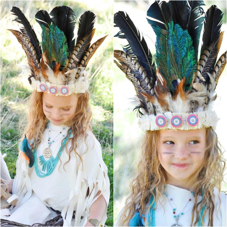 déguisement Halloween enfant -fille-indienne-serre-tête-déco-plumes-perles