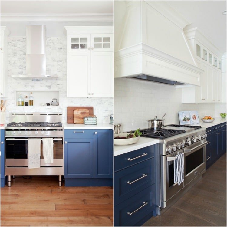 mobilier de cuisine bicolore -armoires-blanc-bleu-parquet-bois-stratifié