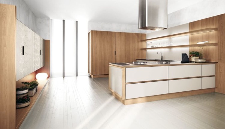mobilier de cuisine bicolore -cuisine-bois-blanc-moderne-éclairage-indirect