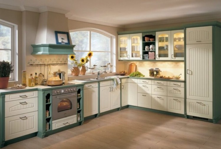 mobilier de cuisine bicolore -style-campagne-armoires-blanc-vert-parquet