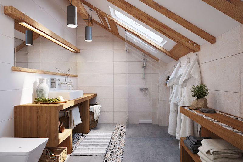 plan de travail salle de bain en bois-assorti-solives-apparentes-banc-décorations