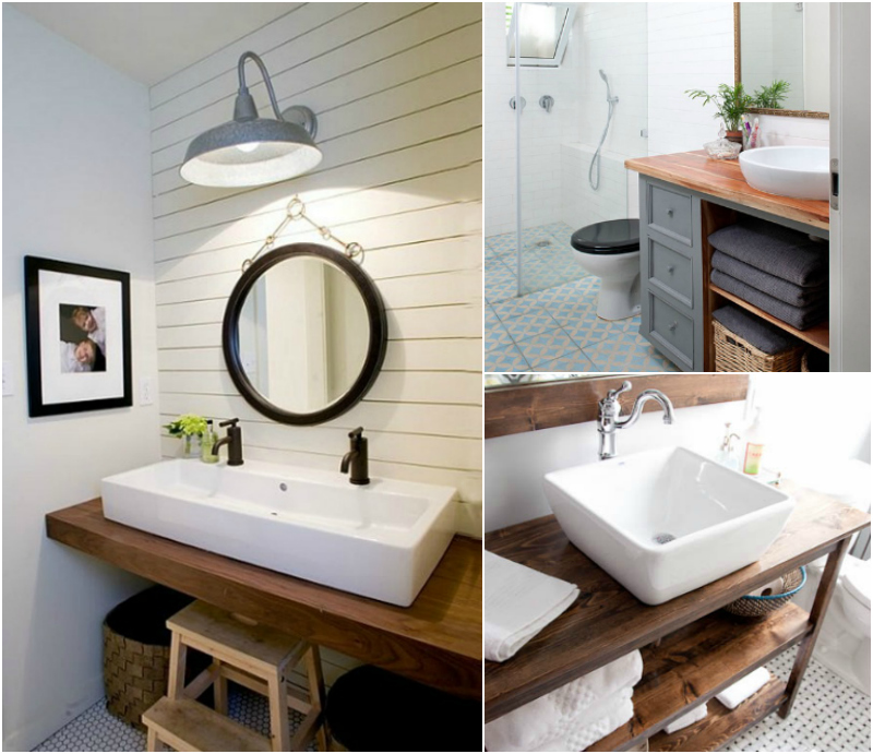 idées de plan de travail salle de bain en bois-foncé-vasques-poser-formes-variées