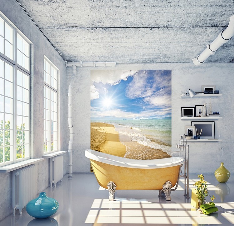 poster mural trompe l'œil exil-bord-mer-baignoire-pied