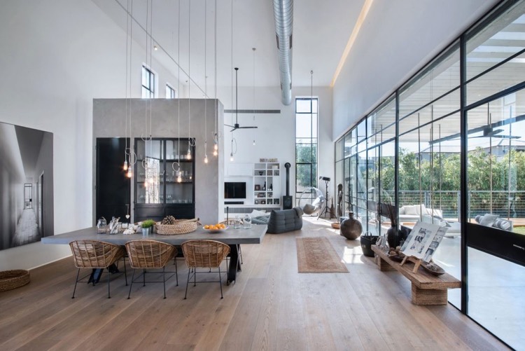 salle à manger design contemporain-industriel-plancher-bois-massif-table-plateau-béton-baie-vitrée
