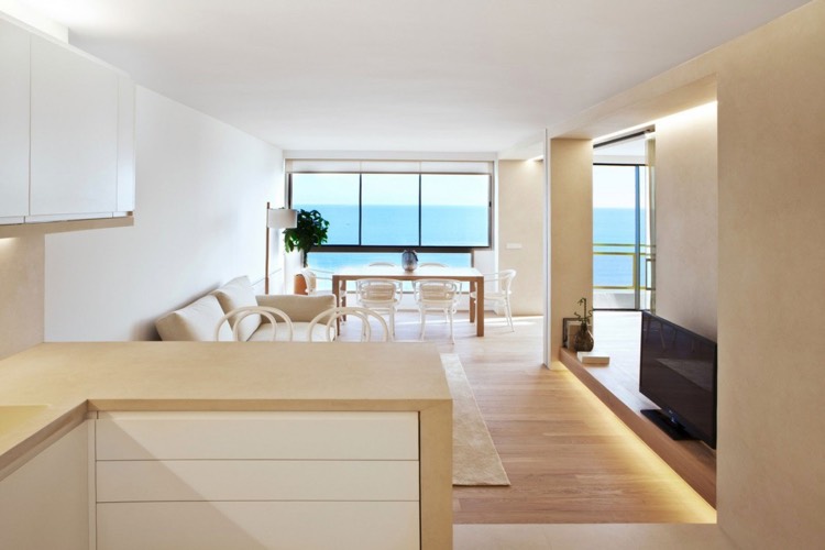 salle à manger design contemporain-mobilier-bois-blanc-parquet-stratifié-éclairage-indirect