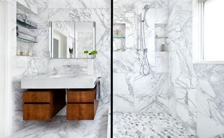 salle de bain en marbre de Carrare de luxe-meuble-suspendu-bois-massif
