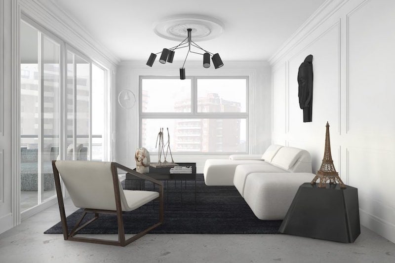 salon-contemporain-blanc-noir-canapé-méridienne-Sky-apartment-Estudio-ed