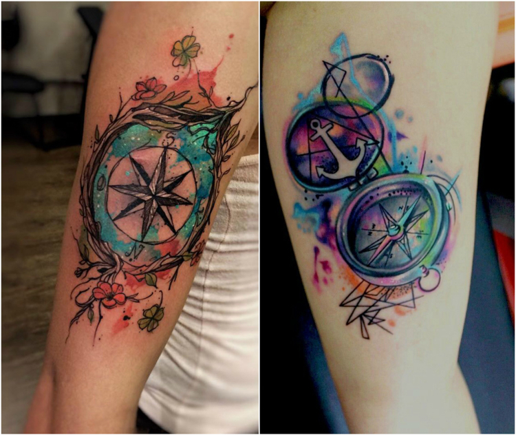 tatouage-rose-des-vents-boussole-style-water-color-couleurs