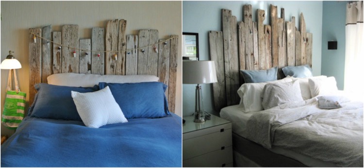 tete de lit bois flotté -planches-bois-flotté-literie-blanc-bleu