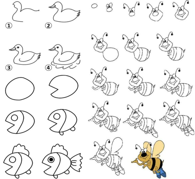 apprendre à dessiner enfants-abeilles-colorees-poisson-nageoire