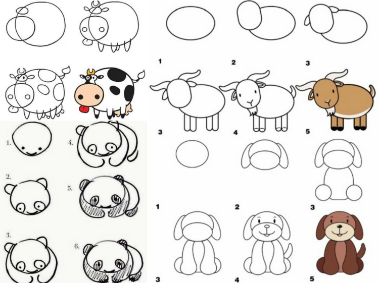 apprendre à dessiner enfants-brebis-koala-panda-chien