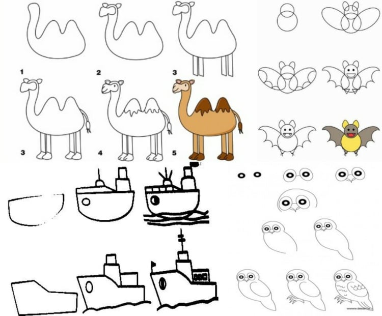 apprendre-dessiner-enfants-chameau-bateau-hibou-chauve-souris