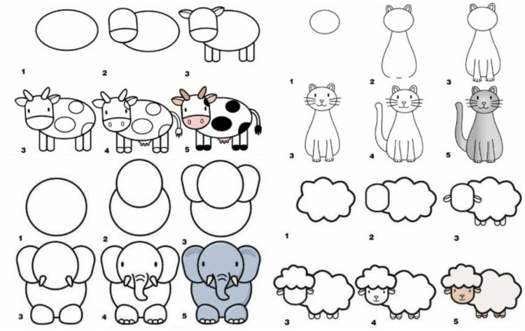 apprendre-dessiner-enfants-elephant-nuages-brebis-hat-vache