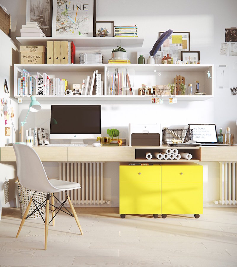 bureau style scandinave maison-armoires-roulettes-jaunes-atng