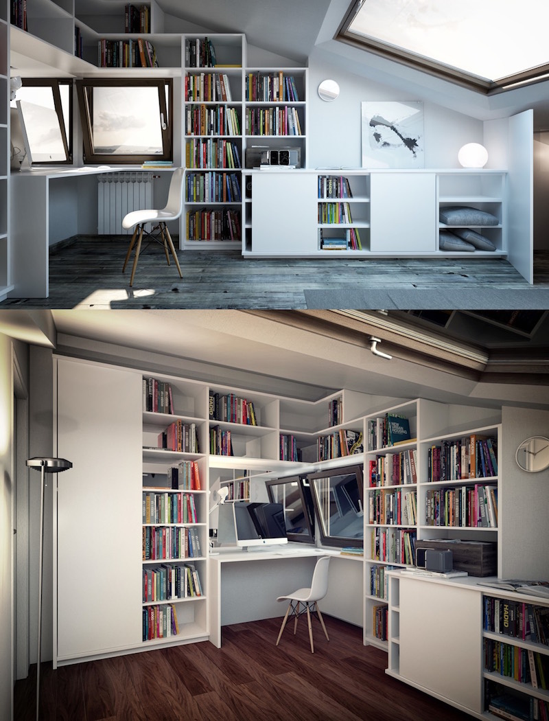 bureau style scandinave sous-combles-etageres-rangement-sol-plafond