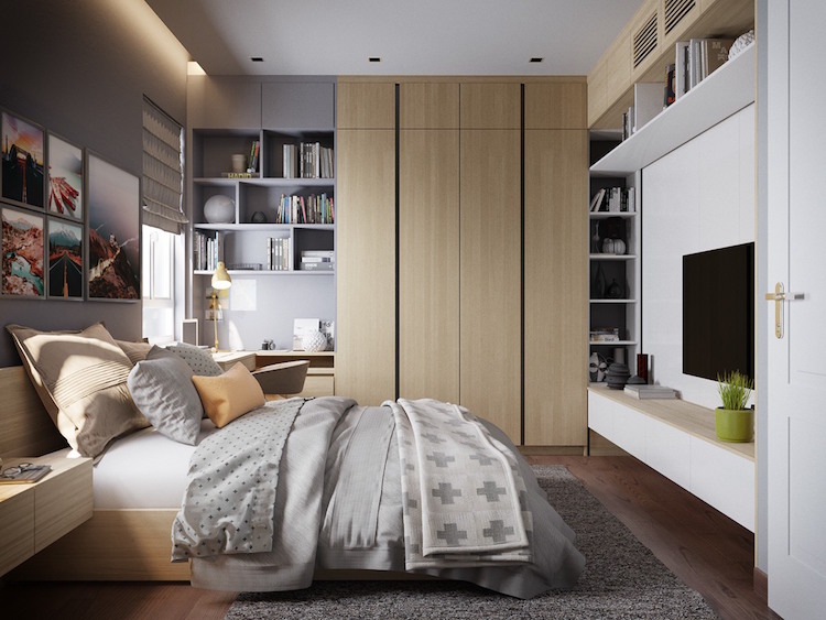 chambre grise -armoire-bois-niches-rangement-meuble-tv-bois-blanc
