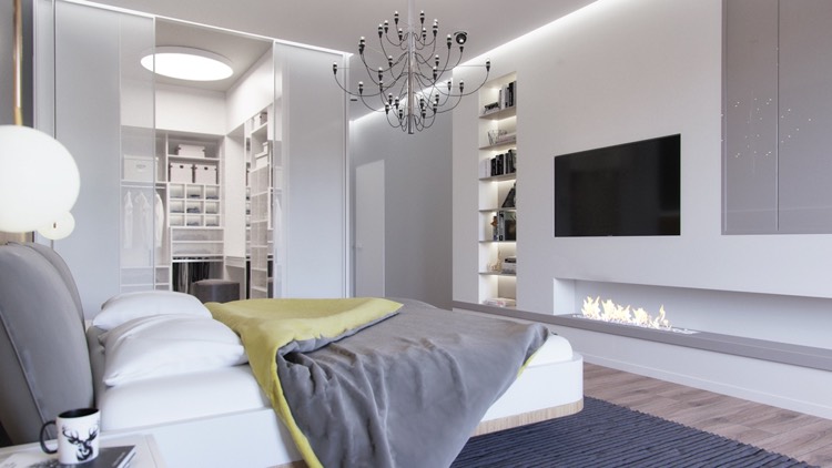 chambre grise -blanche-cheminée-décorative-niches-rangement-dressing-moderne
