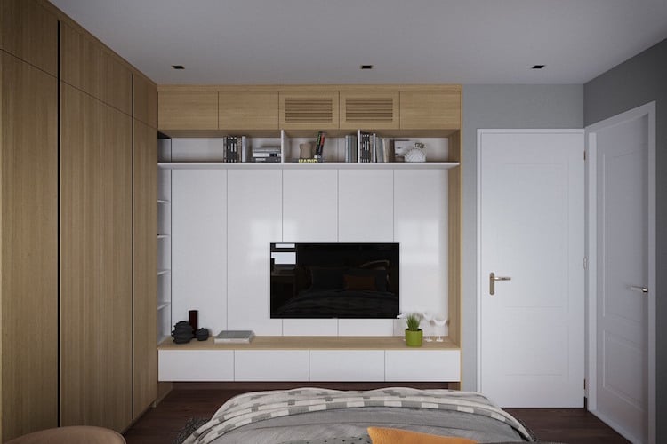 chambre grise -grande-armoire-bois-meuble-tv-blanc