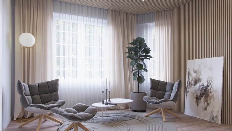 chambre grise -lambris-bois-fauteuils-tapissés-gris-blanc-table-basse-gigogne