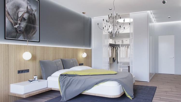 chambre grise -lit-bois-literie-gris-jaune-lambris-mi-hauteur-dressing-moderne