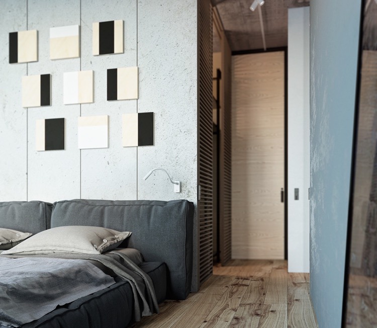 chambre grise -minimaliste-lit-rembourré-gris