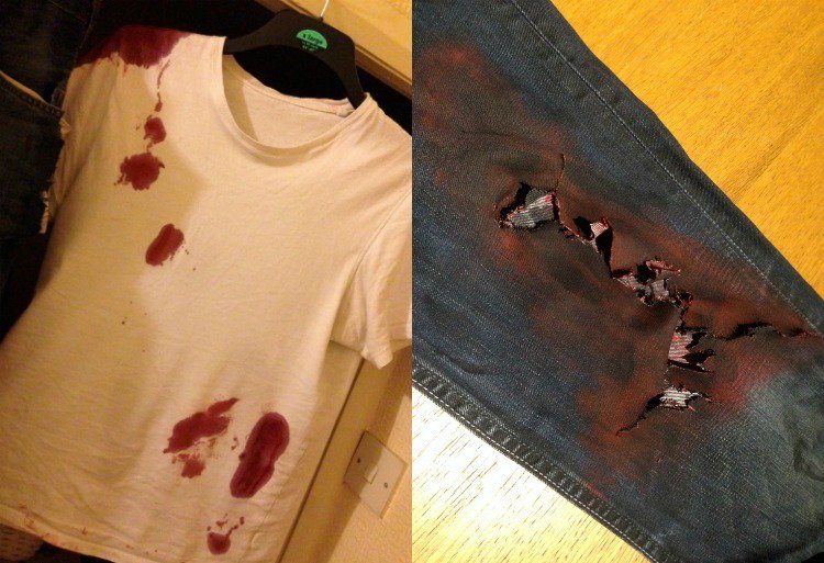 costume zombie -homme-t-shirt-jeans-taches-faux-sang